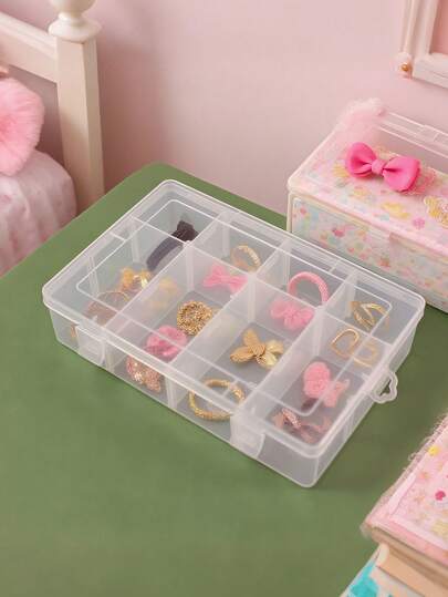 1个透明多隔层收纳盒，女孩发饰收纳盒，多功能珠宝展示盒，分隔式收纳