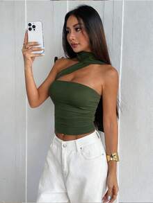 女款夏季針織抹胸上衣，可調節無肩帶，橄欖綠襯衫，適合度假、派對、海灘、畢業典禮、返校、生日，海灘穿搭 - 軍綠色 - 查看 4