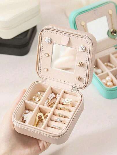 1pc Travel Jewelry Box, Women's Gift, Mini Jewelry Organizer With Mirror For Necklaces & Earrings, Pink Travel Essential, Women's Day Gift, Suitable For Vacation, Beach, Bathroom, Bedroom, Large Capacity