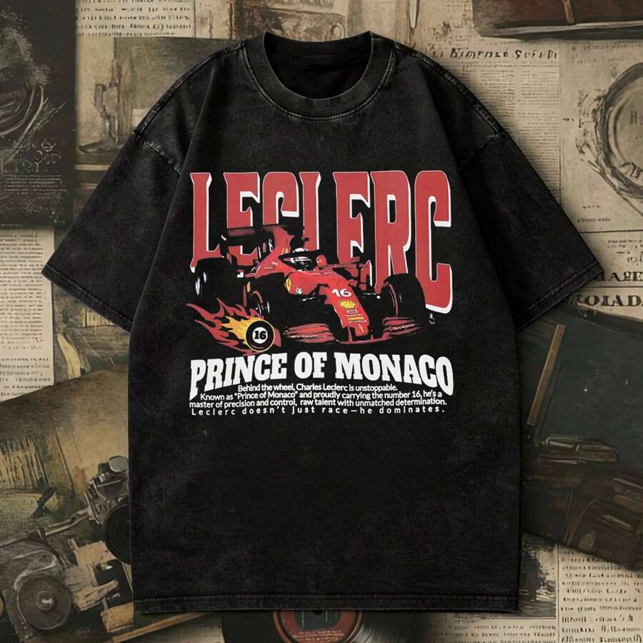 Vintage Washed CharlesLeclerc Prince Of Monaco F1 Graphic T-Shirt, Oversized Retro Racing Tee, Streetwear Casual Cotton Top. - 黑色 - 查看 1