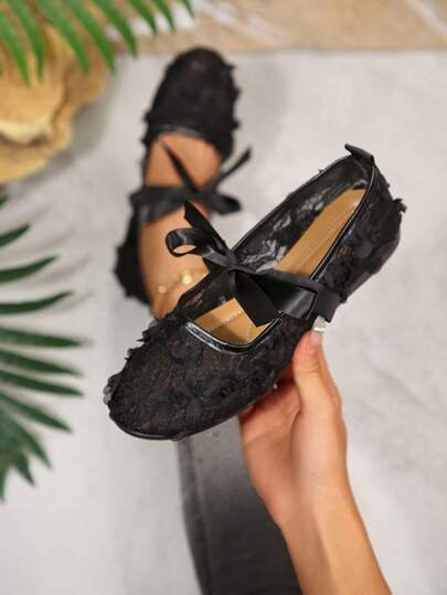 Black Round Toe Lace Mesh Mary Jane Shoes, Elegant Bowknot Ribbon Decor Slip-On Loafers, Soft Sole Non-Slip Breathable Moccasins For Women