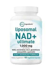Liposomal NAD+ Ultimate--1,000 Mg Per Serving | NAD, Resveratrol, ALA, Glutathione, Astaxanthin, Quercetin | 10 In 1 Advanced Formula | Dietary Supplement | 60 Vegetarian Capsules - 1瓶 - 查看 7