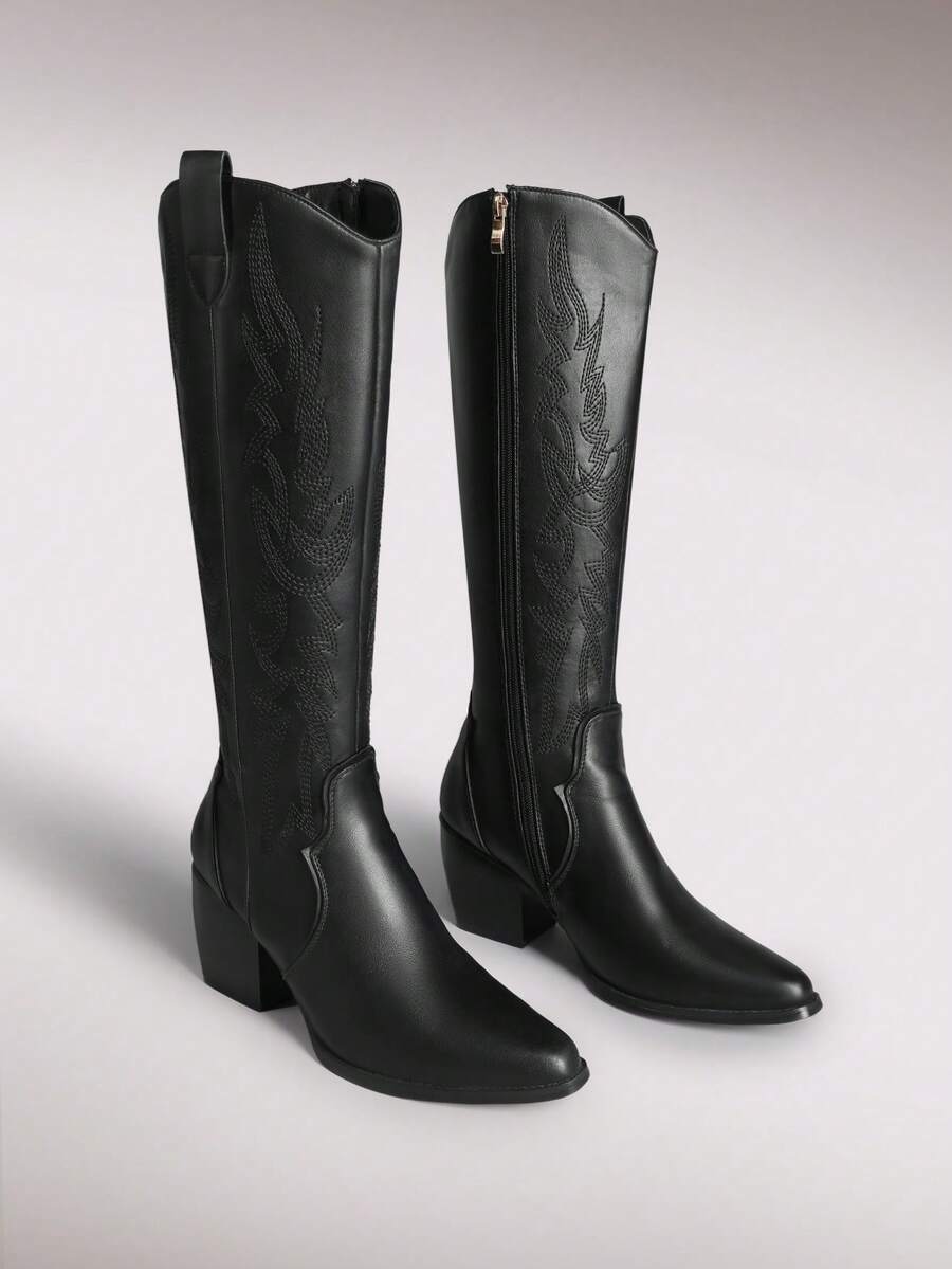 Knee High Boots Women, Pull On Zipper Chunky Heel Pointed Toe Party Embroidered Western Cowgirl Cowboy Boots - 黑色 - 查看 1