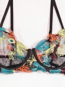 三件套女士性感内衣套装，包括束身胸衣、吊袜带和花卉刺绣钢圈文胸。 - 黑色 - 查看 8