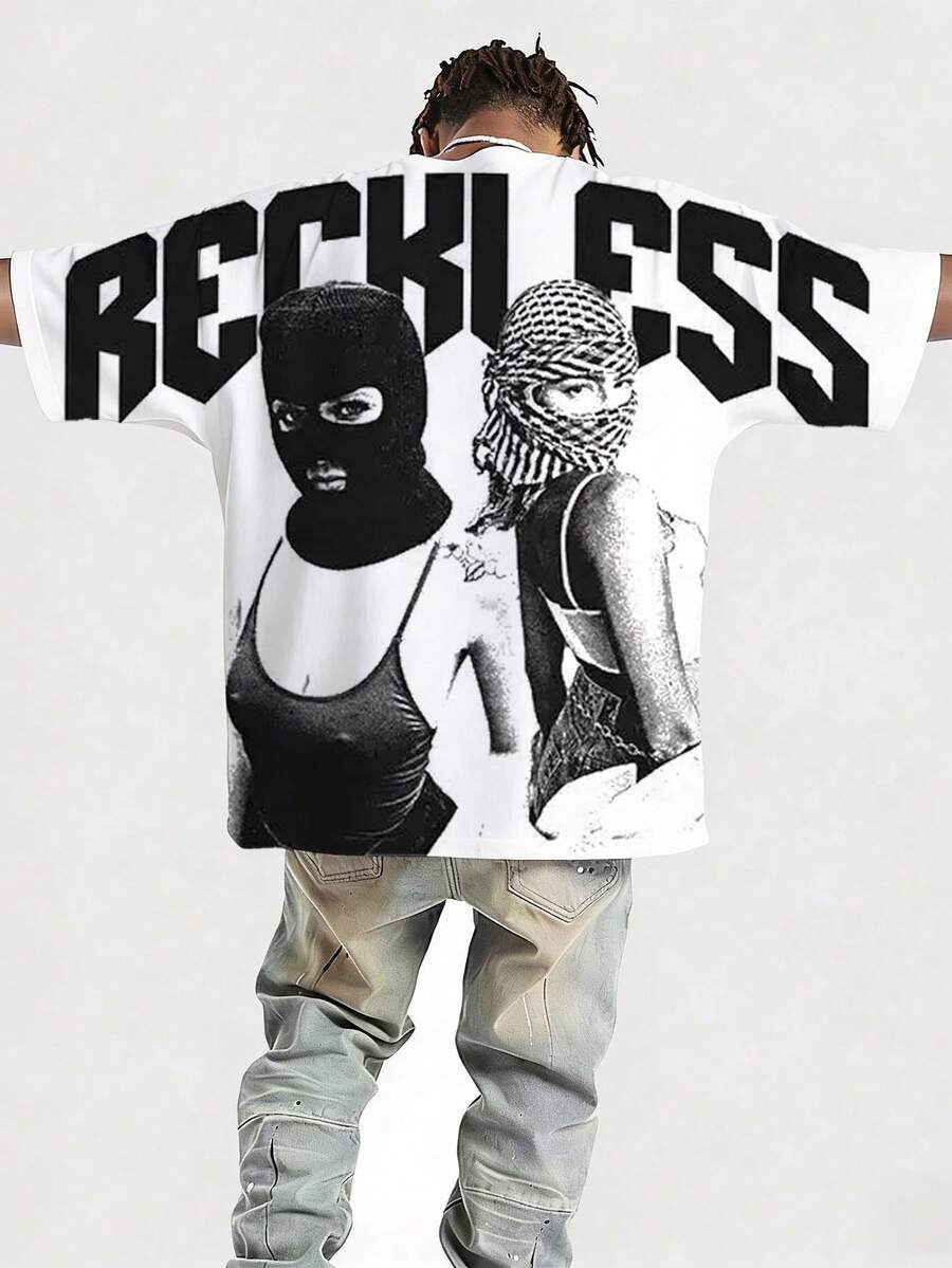 Men's Loose Street Style T-Shirt, Fearless Ski Mask Graphic Print, 100% Polyester Cotton Stretch Fabric, Casual Hiphop Short Sleeve Tee, Suitable For Daily Wear, Parties, Concerts, Urban Style - White - View 1
