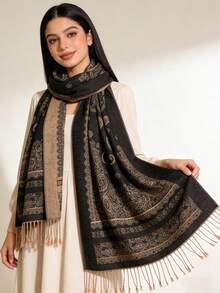 1 chiếc khăn choàng Paisley Jacquard, họa tiết Cashew, kiểu dáng cổ điển, khăn choàng nữ thanh lịch, khăn choàng dài đa năng phù hợp mọi mùa. - màu đen - Xem 1