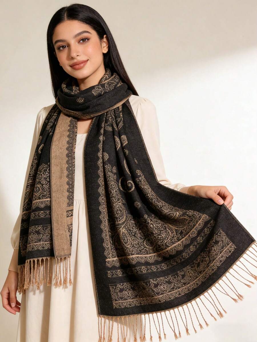 1 chiếc khăn choàng Paisley Jacquard, họa tiết Cashew, kiểu dáng cổ điển, khăn choàng nữ thanh lịch, khăn choàng dài đa năng phù hợp mọi mùa. - màu đen - Xem 1