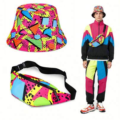 80年代复古腰包和渔夫帽套装，霓虹色，男女通用渔夫帽，腰包，复古锐舞派对、沙滩派对、万圣节、音乐节配饰