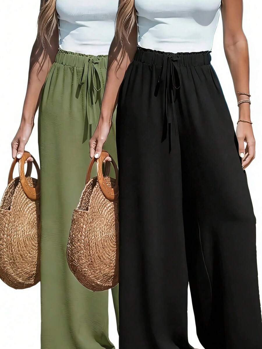 2 Piece Black Army Green Wide Leg Pants Set Women High Waist Elastic Drawstring Summer 2026 - 黑色+軍綠色 - 查看 1