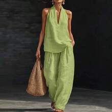 Boho  Two Piece Set - Perfect For Beach, Vacation & Brunch! Halter Neck Sleeveless Top Wide Leg Pants Set # TwoPieceSet # LinenSet # WideLegPants # HalterNeck # SummerOutfit # BohoFashion # CasualWear # Outfit Of The Day # WomensFashion - 黃綠色 - 查看 4