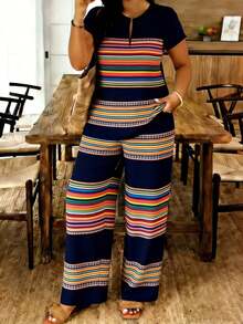 A Set Of Plus Size Women's Notch Neck Short Sleeve Long Pants, Personalized Navy Blue Colorful Stripe Style, Woven Fabric, Soft And Skin-Friendly, Navy Blue, For Sisters, Commuting And Outings In Summer - 彩色 - 查看 1