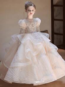 Champagne Beaded Lace Flower Girl Dress, Sheer Neck Puff Long Sleeve Ball Gown With Iridescent Glitter Tulle & Layered Ruffle Skirt, Elegant Kids Formal Dress For Wedding, Junior Bridesmaid Dress For Spring Winter Party, Communion & Pageant - 香檳色 - 查看 1