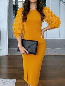 优雅女士长款连衣裙，饰有夸张的花卉网纱，七分袖，船领设计，舒适百搭，适合工作场合和日常穿着，收腰设计，铅笔裙高开衩，凸显身材曲线。优雅女士纯色短款连衣裙，网纱拼接，高开衩至大腿中部，适合婚礼、办公室、日常穿着，春秋季节皆宜。 - 薑色 - 查看 4