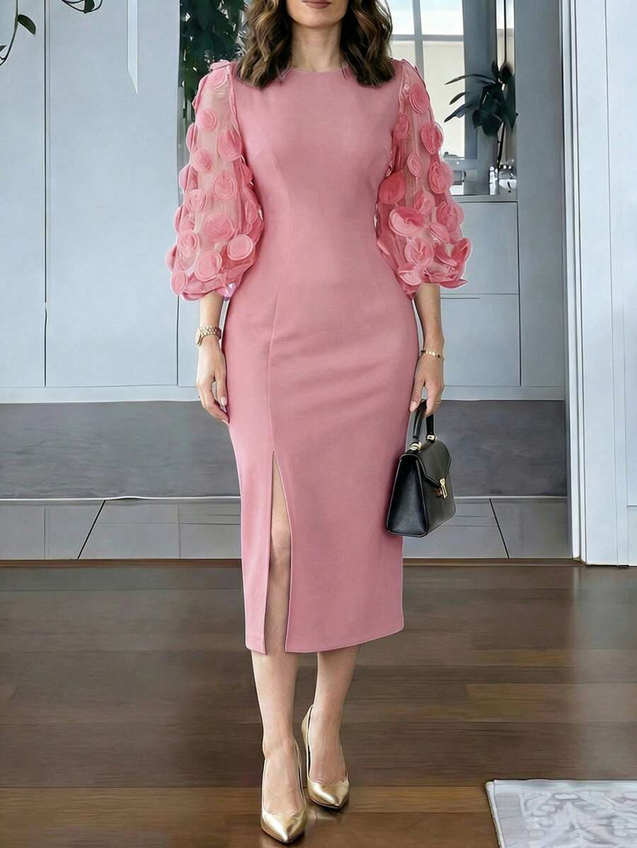 Elegant Floral Mesh 3/4 Sleeve Midi Dress With Boat Neck, Waist Tie, High Slit, Flattering Silhouette, Suitable For Work, Daily Wear Elegant Solid Color Mesh Splice Mini Dress With High Slit, Suitable For Wedding, Office, Daily, Spring/Autumn - Dusty Pink - View 1