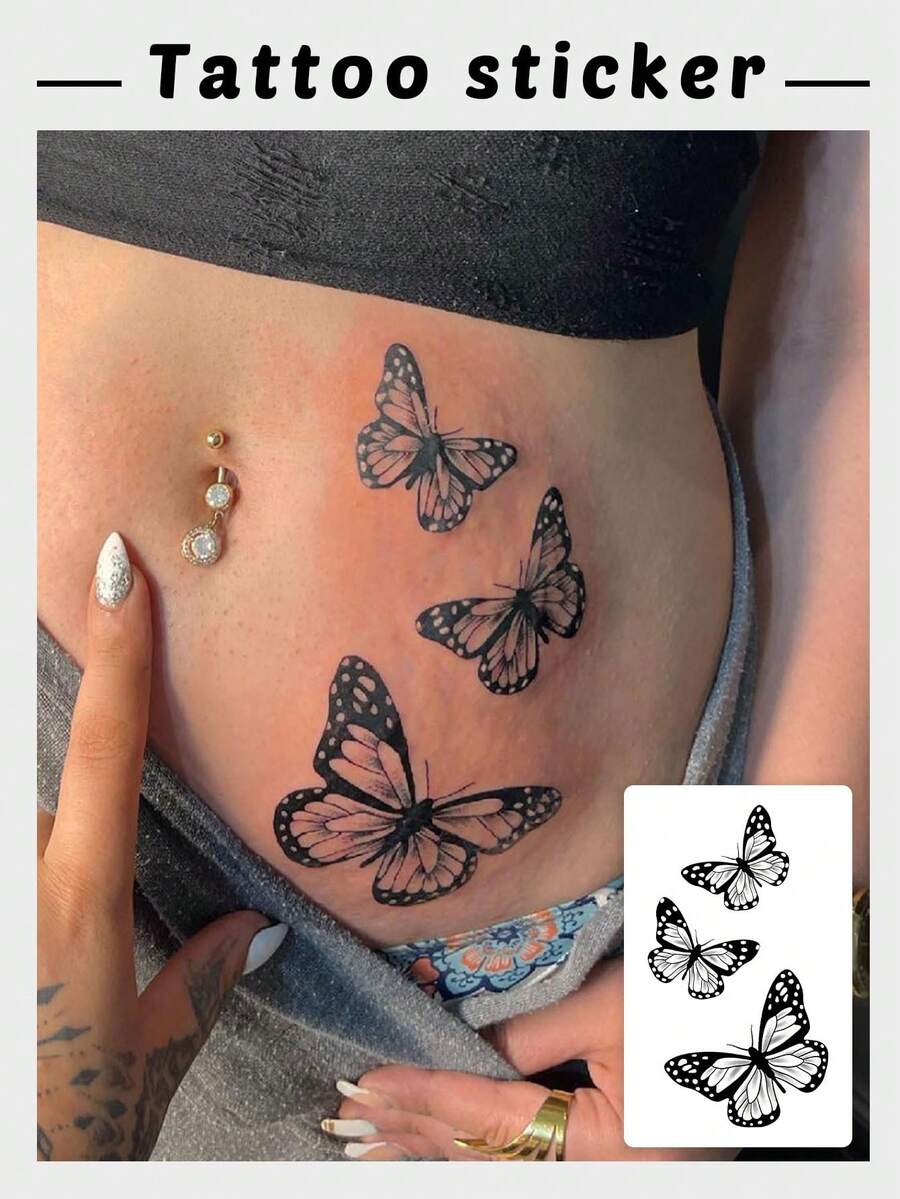 1pc Fashionable Waterproof Temporary Butterfly Tattoo Sticker, Durable Realistic Waist/Abdomen Design, Suitable For People - Black - View 1