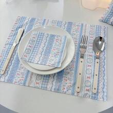1/2/6 pezzi Tovaglia e tovagliolo in tessuto stile Ins carino, dolce e artistico, nei toni del blu & rosa, per decorazione fotografica e copripiazzato - celeste - Visualizzare 3