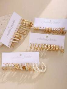 48-12 Piece Vintage Punk Style Earrings Set For Women, Fashionable Imitation Pearl Drop Earrings, Hollow Square Jewelry Set, Ideal Gift For Relatives And Friends, Suitable For Daily Wear - 金子 - 查看 2