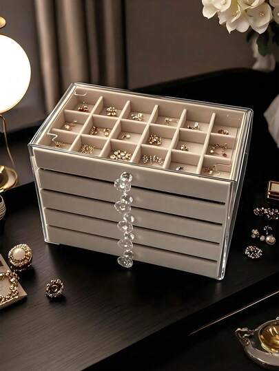 5-Layer 54-Grid Acrylic Jewelry Box, Transparent Jewelry Storage Box, Velvet Drawer Jewelry Organizer, 54-Grid Large Capacity Jewelry Box, Home & Travel Dual-Use, Fade-Resistant Soft Pad Drawer Design, Ladies Accessory Display Box, Multi-Drawer Jewelry Storage Box For Rings, Necklaces, Bracelets, Earrings And Pendants, Elegant Display Rack With Crystal-Shaped Knob, Luxury 5-Tier Jewelry Manager - Spacious Earring, Necklace And Ring Storage Space - High-Quality Desktop Box, Stylish And Secure Compartments