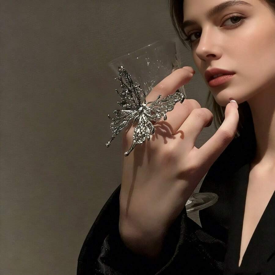 JOJELOO Vintage Silver Hollow Asymmetrical Butterfly Open Ring, Niche Butterfly Ring Women's Punk Jewelry