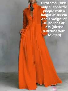 French Retro High-End Style, Stand Up Collar, Lantern Sleeves, Waist Cinching, Large Swing, Long Formal Dress, Commuting Style, Single Breasted Shirt, Summer Dress - Màu cam đỏ - Xem 14