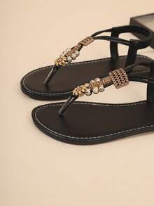 Sandal đế bằng đính hạt kiểu Bohemian cho nữ, thoải mái, gợi cảm, thời trang, thanh lịch, thích hợp đi biển hoặc đi nghỉ mát, sandal đế bằng đính hạt bằng da PU cho nữ, mùa hè. - màu đen - Xem 5