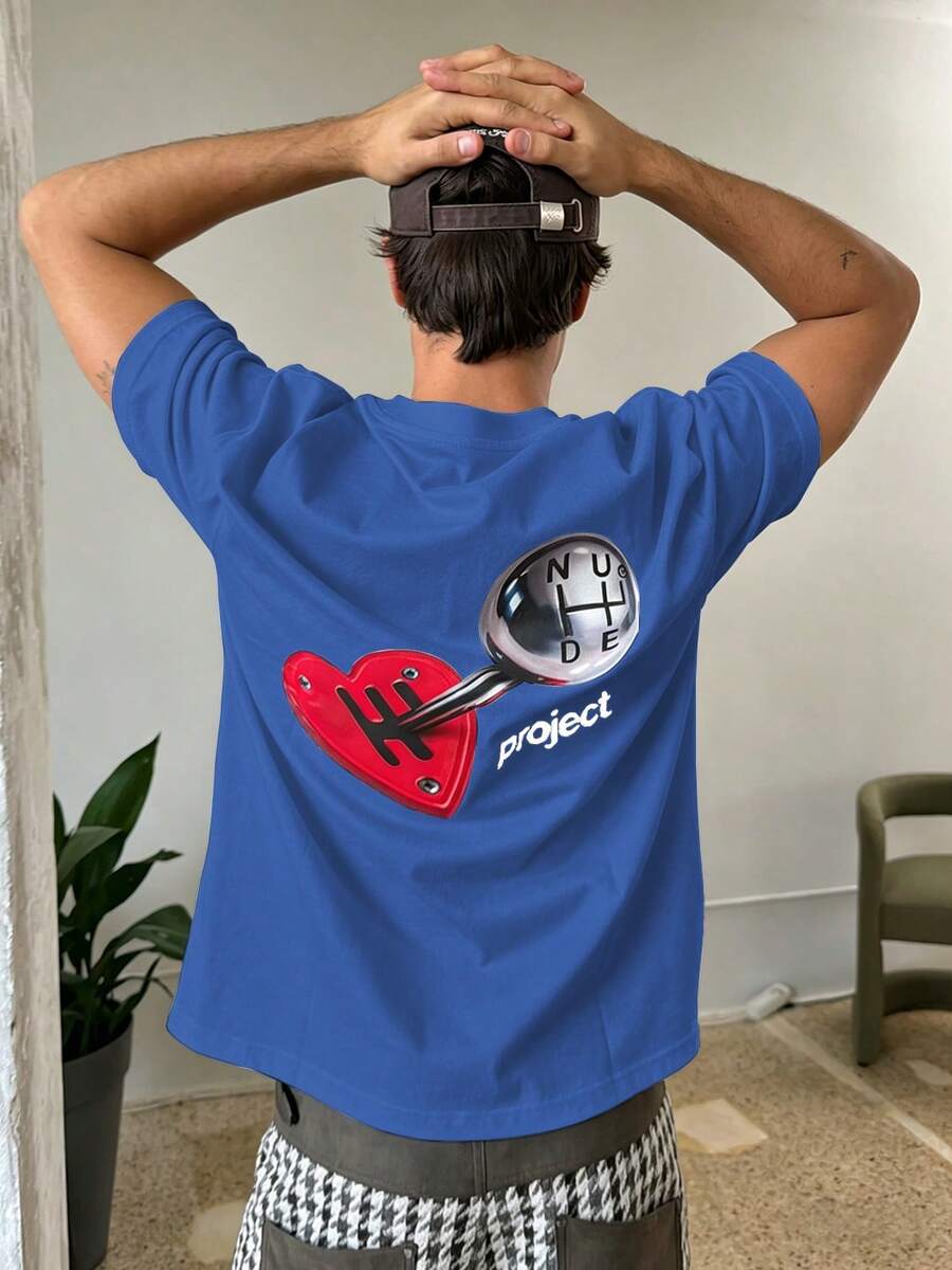 INFLATION Camiseta de manga corta con cuello redondo, estampado de moda casual hip hop para hombres - Azul - Ver 1