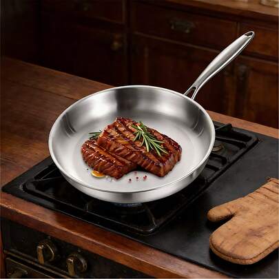 30cm Tri-Ply Stainless Steel Frying Pan – No Coating Non-Stick Skillet, Scratch-Resistant & Even Heat, All Cooktops Compatible (Induction Gas Hob), Ergonomic Handle
