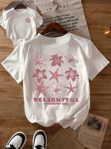 Camiseta de mujer de manga corta con cuello redondo, estampado de estrella de mar y lirio, para primavera/verano/otoño - Blanco - Ver 4