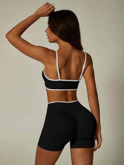 UONNOU Bộ đồ tập thể dục 2 mảnh mùa xuân hè dành cho nữ - Áo ngực thể thao dây mảnh viền tương phản và quần đùi cạp cao nâng mông, thích hợp cho yoga, tập gym, chạy bộ và các hoạt động thể thao hàng ngày.
