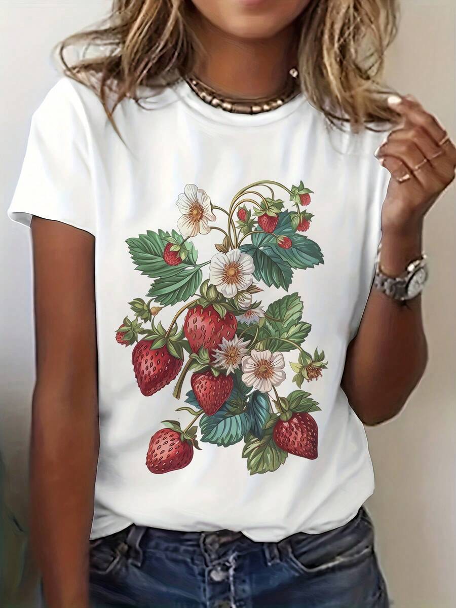 Women'S Vintage Strawberry And Floral Pattern T-Shirt| Casual Round Neck Short Sleeve Top, Spring Summer Bohemian Fashion Style, White, Vivid Strawberry And Floral Design - trắng - Xem 1