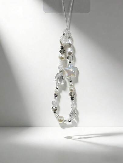 1pc Luxury Iridescent Star & Pearl Beaded Phone Lanyard, Elegant Anti-Lost Wrist Strap (Actual Size May Slightly Differ From Photo Due To Shooting Angle And Magnification)