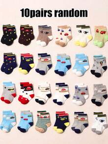 10 Pairs Random Cartoon Car Pattern Mid-Calf Socks, Soft & Breathable Casual Socks For Infants, Versatile Daily Wear - Multicolor - View 8