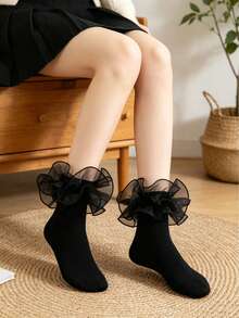 1 Pair Solid Color Ruffle Trim Socks, Suitable For Girls And Women To Match Skirts, Elegant Lolita Princess Dance Socks - Black - View 5