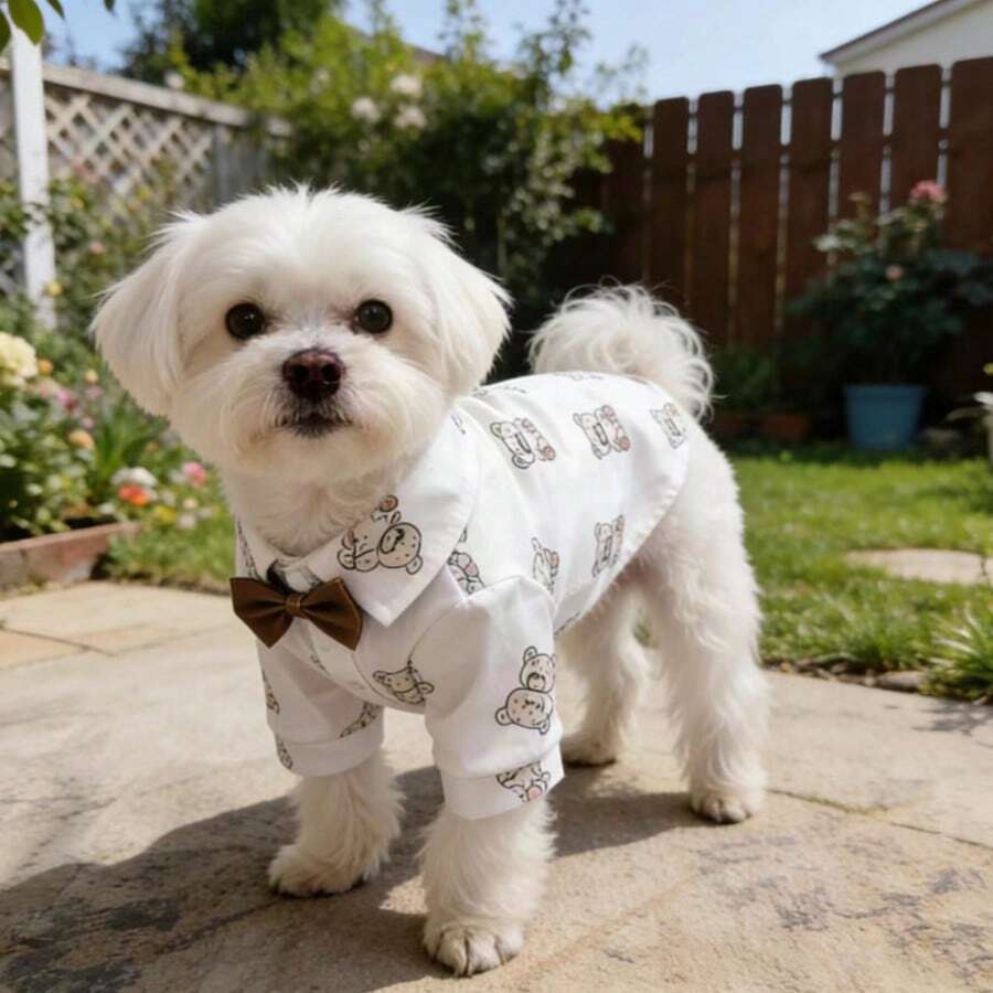 1 pieza Ropa para mascotas perros con estampado de oso lindo, camisa con corbata de moño elegante, adecuada para perros pequeños, se puede usar en todas las estaciones - Beis - Ver 1