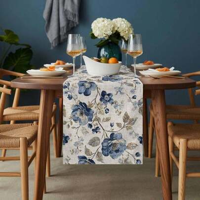 Blue Spring Floral Tablecloth, Vintage Plant & Gray Leaf Table Runner, Dresser Scarf, Farmhouse Fabric Table Decor Suitable For Home Dinner Party