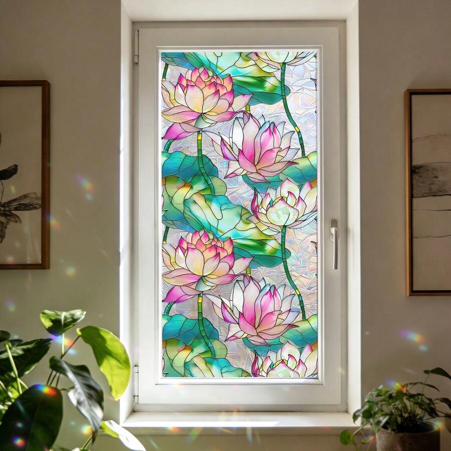 1pc Floral Dragonfly Sunlight Glare Static Cling Sticker, Reusable Self-Adhesive Glass Decal For Living Room, Bedroom, Bathroom Decoration, No Residue Easy Installation, Stained Glass Effect - Floral Window Stickers - View 1