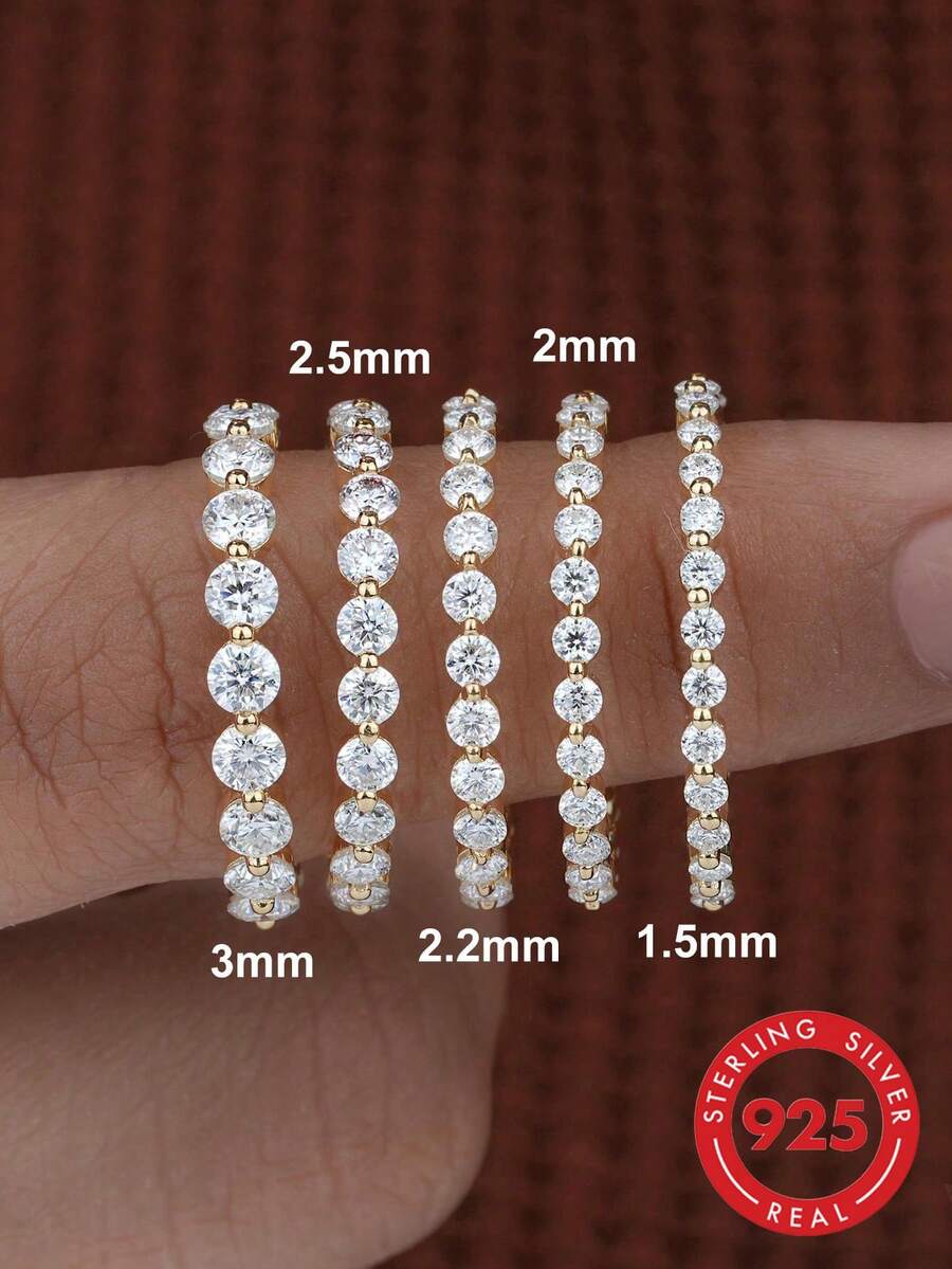 1枚925纯银1.5-2毫米圆形切割结婚戒指，半永恒戒指，半密镶钻石，可叠戴