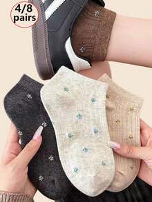 4/8 pares de meias curtas casuais com estampa floral miúda, estilo delicado e fofo para primavera/verão, respiráveis e macias. - Multicolorido - Ver 8