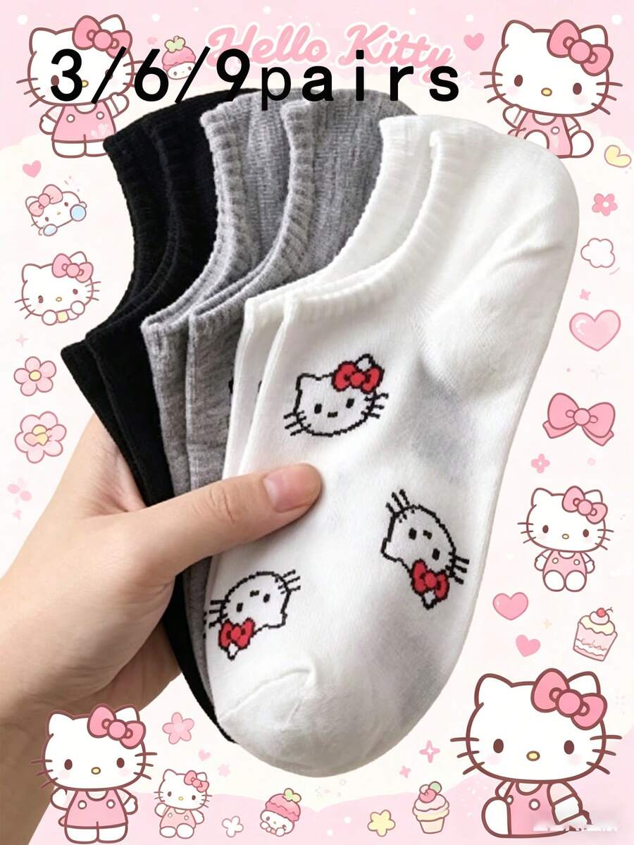 SANRIO 3/6/9 pares de calcetines de tobillo lindos, inocentes, de dibujos animados y casuales para mujer, adecuados para primavera/verano - Multicolor - Ver 1