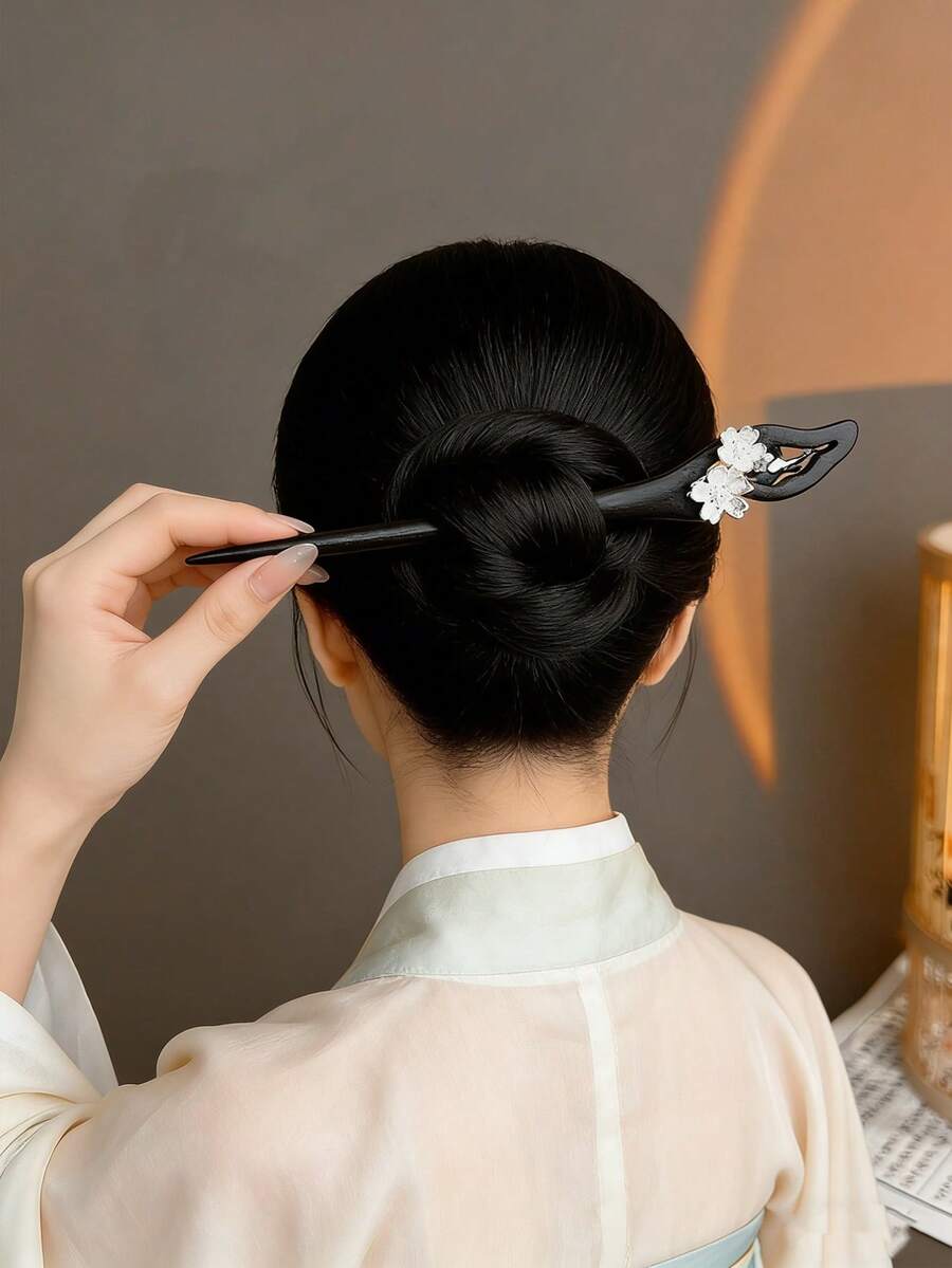 中式木质发簪，复古优雅发夹，适合盘发造型，木质发簪，复古中式发夹，发簪，女士盘发簪 - 彩色 - 查看 1