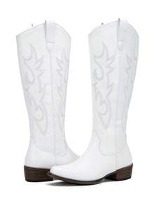 Comfyshoes Women's Embroided Cowboy Boots, Square Toe Knee High Western Boots - 白色 - 查看 5
