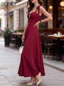 DONICY Đầm công chúa màu đỏ tía thanh lịch, đầm dài ngang gối cổ tim độc đáo với dây đeo vai thắt nơ và eo ôm sát, trang phục mùa hè lãng mạn. - Màu Đỏ Sâu - Xem 7
