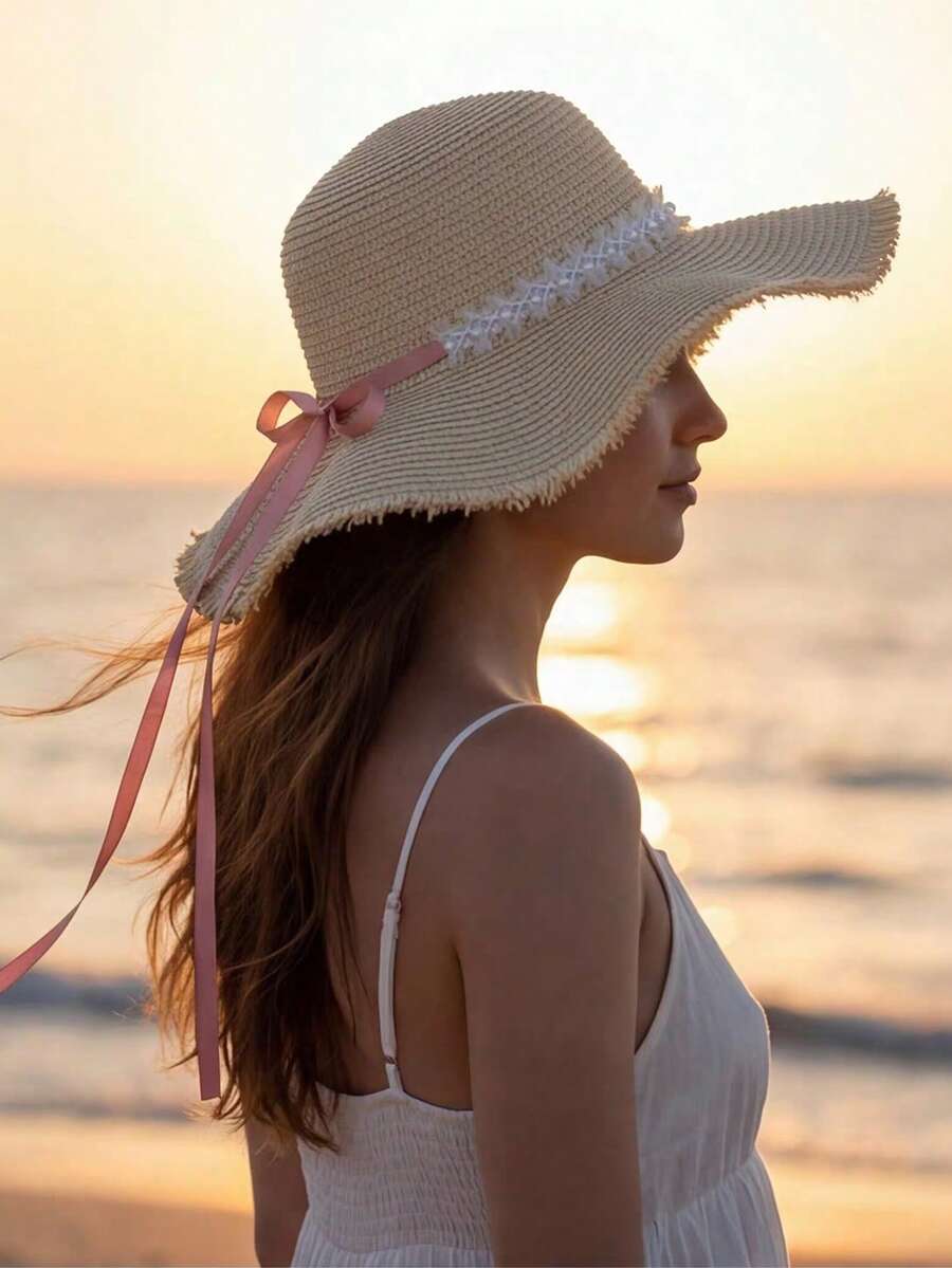 1顶女士夏季宽檐编织草帽，带波浪形蕾丝蝴蝶结 - 非常适合海滩、海岸和度假防晒 - 米色 - 查看 1