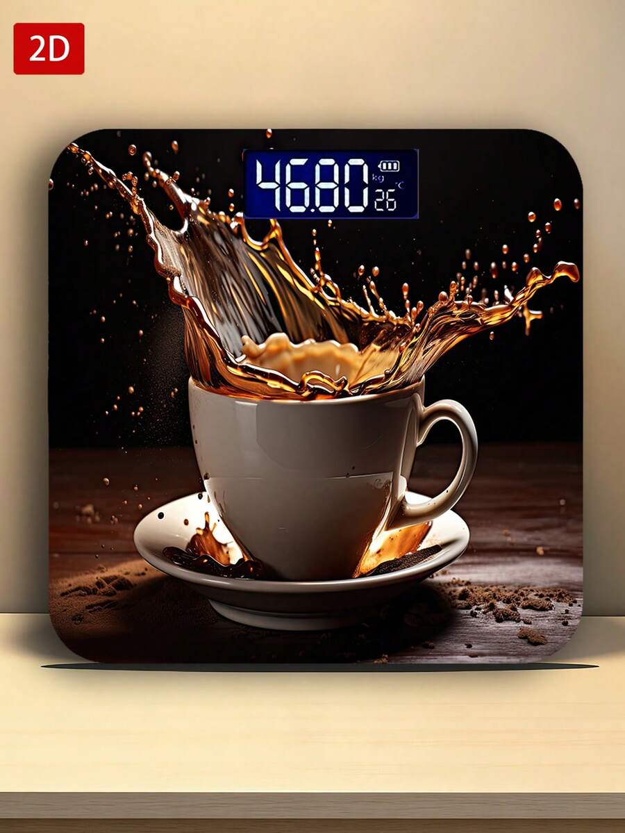 1 pieza Báscula electrónica con pantalla LED, Báscula de baño digital plana 2D con diseño de salpicadura de café, Plataforma de pesaje decorativa - Adecuada para uso a largo plazo, Cumple con las necesidades de pesaje del hogar, Utiliza pilas AAA (Pilas no incluidas)