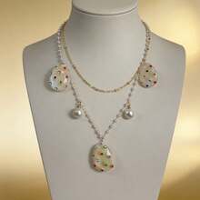 1pc Iridescent Shiny Water Drop Shaped Resin Necklace, Inlaid Colorful Rhinestones & Faux Pearl, Delicate Double-Layer Necklace Suitable For Summer Beach Vacation Casual Outfit Accessory - Double Chain - View 5