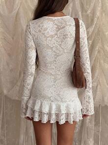 Đầm ngắn ren xuyên thấu, khoét rỗng, bất đối xứng, xếp tầng, gợi cảm và thời trang, hàng mới về mùa xuân/hè, trang phục đi biển cho nữ. - trắng - Xem 4