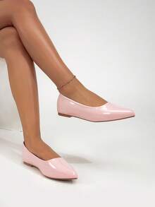 Women's Spring/Summer New Fashion Simple Elegant Embroidered Flats, Pointed Toe, Pearl Pink PU Leather, Comfortable Slip-On Low Heel Casual Shoes, Suitable For Office, Commute, All Seasons - Pink - View 5