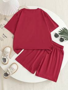 2pcs/Set Boys' Casual Sports "KING" Graphic T-Shirt + Shorts, Summer - Red - View 2