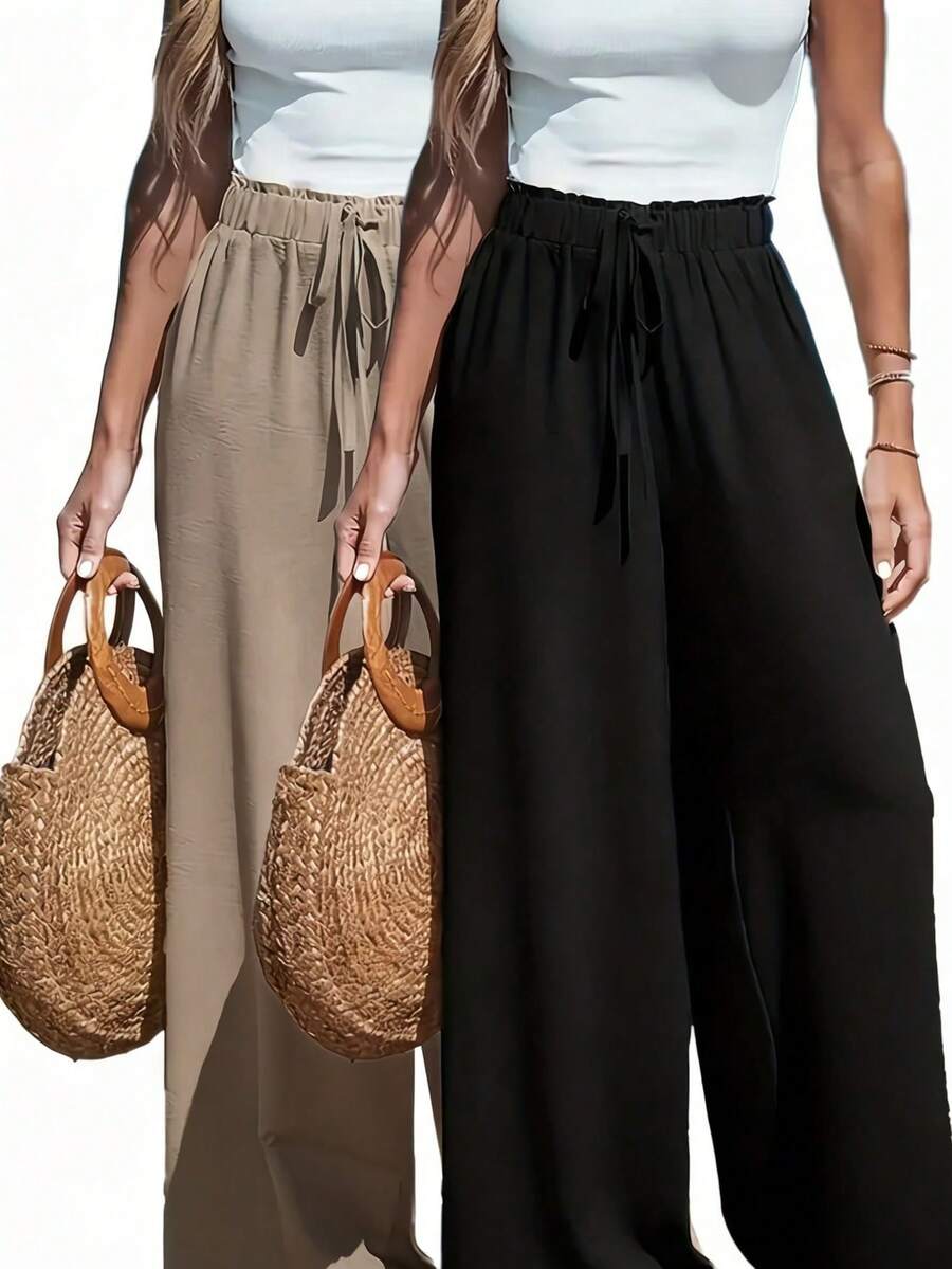 2 Piece Black Khaki Wide Leg Pants Set Women High Waist Elastic Drawstring Summer 2026 - 黑色+卡其色 - 查看 1