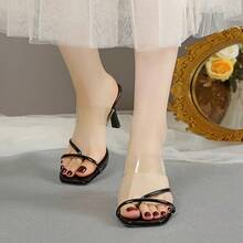 Sandalias de tacón alto para mujeres Sandalias transparentes de tiras finas con puntera abierta para mujer, con tacón fino y punta cuadrada: nuevo modelo de moda, versátiles, con tiras finas, estilo etéreo y con un aire de influencer - Negro - Ver 4